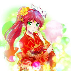 Rule 34 | 1girl, circlet, cotton candy, earrings, green eyes, hand on own face, highres, iesupa, japanese clothes, jewelry, kimono, mask on head, ponytail, pyrrha nikos, red hair, rwby, smile, solo