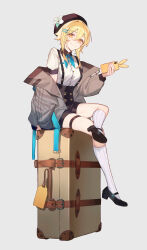 Rule 34 | 1girl, absurdres, alternate costume, blonde hair, blush, breasts, briefcase, cellphone, full body, genshin impact, highres, large breasts, looking at viewer, lumine (genshin impact), medium hair, phone, shotgunman, sidelocks, sitting, smile, solo, yellow eyes