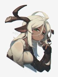 Rule 34 | 1girl, absurdres, ahoge, animal ears, antlers, artist name, borrowed character, breasts, commentary, cropped torso, dark-skinned female, dark skin, dated, deer antlers, deer ears, english commentary, fingerless gloves, gloves, green eyes, grey background, highres, horns, large breasts, long hair, looking at viewer, original, porforever, shirt, simple background, smile, solo, upper body, white hair, white shirt
