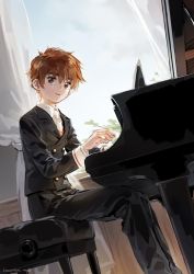 Rule 34 | 1boy, black pants, blazer, brown eyes, brown hair, cardcaptor sakura, curtains, double-breasted, grand piano, highres, instrument, jacket, jane mere, li xiaolang, long sleeves, looking to the side, male focus, necktie, pants, parted lips, piano, piano bench, school uniform, sitting, solo, thick eyebrows, tomoeda middle school uniform, window