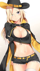 Rule 34 | 1girl, azur lane, belt, bikini, bikini top only, black hat, blonde hair, blush, breasts, cleavage, commentary request, cosplay, cowboy shot, front-tie bikini top, front-tie top, groin, hair over one eye, hat, highres, historical name connection, hornet (azur lane), hornet (azur lane) (cosplay), hornet (kancolle), kantai collection, long hair, looking at viewer, medium breasts, midriff, name connection, navel, purple eyes, sidelocks, simple background, solo, standing, swimsuit, thighhighs, white background, white thighhighs, yasume yukito, yellow belt