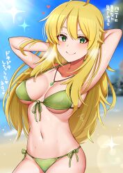 Rule 34 | 1girl, absurdres, ahoge, arms behind head, bikini, blonde hair, blush, breasts, commentary request, green bikini, green eyes, groin, hair between eyes, heart, highres, hoshii miki, idolmaster, idolmaster (classic), jewelry, long hair, looking at viewer, mabanna, medium breasts, navel, smile, solo, sweat, swimsuit, translation request