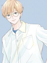 Rule 34 | 1boy, blonde hair, blue eyes, blue shirt, closed mouth, collared shirt, commentary, furusato kou, glasses, highres, light blue background, long sleeves, looking at viewer, male focus, open collar, original, pocket, shirt, short hair, solo, symbol-only commentary, t-shirt, upper body, white shirt, yellow-framed eyewear