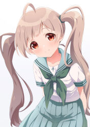 Rule 34 | 1girl, ahoge, arms behind back, blue sailor collar, blue skirt, blush, breasts, brown eyes, brown hair, closed mouth, collarbone, dot nose, goma konbu, green neckerchief, hakozaki serika, highres, idolmaster, idolmaster million live!, idolmaster million live! theater days, leaning forward, long hair, looking at viewer, neckerchief, pleated skirt, sailor collar, school uniform, serafuku, shirt, short sleeves, simple background, skirt, small breasts, smile, solo, twintails, very long hair, white background, white shirt