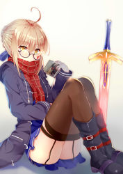 Rule 34 | 1girl, absurdres, ahoge, artoria pendragon (all), artoria pendragon (fate), black-framed eyewear, black footwear, black jacket, black thighhighs, blonde hair, blue dress, blue ribbon, boots, braid, dress, excalibur (fate/stay night), fate/grand order, fate (series), from side, garter straps, glasses, hair ribbon, highres, jacket, knees up, long sleeves, looking at viewer, looking to the side, mysterious heroine x alter (fate), mysterious heroine x alter (first ascension) (fate), open clothes, open jacket, photo (object), plaid, plaid scarf, planted, planted sword, planted weapon, ribbon, saber (fate), scarf, semi-rimless eyewear, short hair, sitting, solo, sword, thighhighs, thighhighs under boots, under-rim eyewear, weapon, xephonia, yellow eyes
