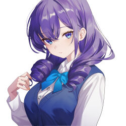 1girl absurdres blue_bow blue_bowtie blue_eyes blue_sweater_vest bow bowtie closed_mouth drill_hair fingernails heianjian highres long_sleeves looking_at_viewer medium_hair original purple_eyes purple_hair ringlets school_uniform shirt simple_background solo sweater_vest upper_body white_background white_shirt