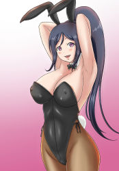 Rule 34 | 1girl, animal ears, arms behind head, black bow, black bowtie, black hair, black leotard, bow, bowtie, breasts, brown pantyhose, commentary request, covered erect nipples, cowboy shot, detached collar, fake animal ears, gradient background, highres, keito fujihara, large breasts, leotard, long hair, looking at viewer, love live!, love live! sunshine!!, matsuura kanan, pantyhose, pink background, playboy bunny, ponytail, purple eyes, rabbit ears, rabbit tail, smile, solo, standing, strapless, strapless leotard, tail, white background