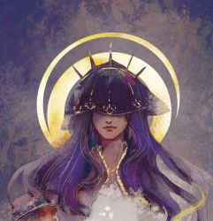 Rule 34 | 2girls, black hair, black veil, blue eyes, brown hair, cangzhili, chinese commentary, closed eyes, closed mouth, commentary request, evernight goddess, fors wall, halo, hat, highres, long hair, lord of the mysteries, moon, multiple girls, out of frame, shaded face, solo, veil