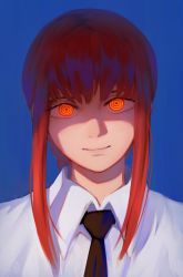 Rule 34 | 1girl, absurdres, blue background, brown necktie, chainsaw man, closed mouth, collared shirt, highres, looking at viewer, makima (chainsaw man), necktie, orange eyes, portrait, red hair, shirt, sidelocks, simple background, smile, solo, sorapoi, white shirt
