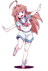 Rule 34 | 10s, 1girl, ahoge, brown eyes, brown hair, kantai collection, kuma (kancolle), long hair, neckerchief, open mouth, outstretched arms, school uniform, serafuku, shadow, shorts, simple background, smile, solo, standing, standing on one leg, tonmoh, white background, wrists extended