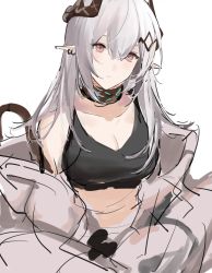 Rule 34 | 1girl, absurdres, arknights, bare shoulders, breasts, cleavage, closed mouth, collarbone, earrings, expressionless, eyebrows hidden by hair, gradient background, hair ornament, head tilt, highres, horns, infection monitor (arknights), jewelry, joshua (shisanli934), large breasts, long hair, mudrock (arknights), off shoulder, open clothes, open mouth, pointy ears, red eyes, silver hair, sketch, solo, sports bra, white background