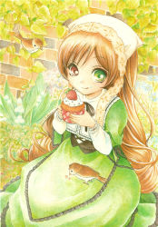 Rule 34 | 00s, 1girl, :q, bird, brown hair, colored pencil (medium), cupcake, dress, eating, food, food on face, fruit, green eyes, heterochromia, kokkoro (nullcan), leaf, long hair, looking at viewer, red eyes, rozen maiden, sitting, solo, strawberry, suiseiseki, tongue, tongue out, traditional media, very long hair