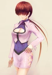 Rule 34 | 1girl, breasts, cleavage, cleavage cutout, clothing cutout, earrings, hair over eyes, hand on own hip, heart, jacket, jewelry, kenshin (kenshin3), large breasts, lipstick, long hair, makeup, miniskirt, nail polish, navel, ponytail, red hair, see-through, shermie (kof), skirt, smile, snk, solo, the king of fighters