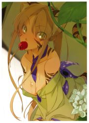 Rule 34 | 1girl, absurdres, animal ears, bare shoulders, between breasts, blush, breasts, brown hair, candy apple, cat ears, cleavage, collarbone, flower, food, green eyes, highres, huge filesize, japanese clothes, kimono, large breasts, long hair, looking at viewer, maruku, mouth hold, necktie, obi, off shoulder, original, ponytail, rain, sash, scan, solo, tail, tiger ears, tiger stripes, tiger tail, wet, yukata