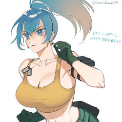 Rule 34 | armlet, bare shoulders, blue hair, blush, breasts, character name, clenched hand, dog tags, earrings, english text, gloves, highres, jewelry, leona heidern, navel, otoseto, ponytail, simple background, tank top, the king of fighters, the king of fighters xiv, the king of fighters xv, triangle earrings, twitter username, white background, yellow tank top