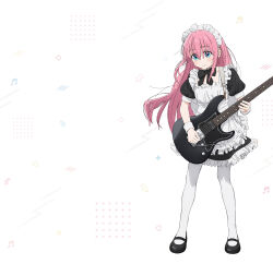Rule 34 | 1girl, apron, blue eyes, bocchi the rock!, commentary request, electric guitar, frills, gotoh hitori, guitar, highres, holding, holding instrument, instrument, kerorira, long hair, maid, maid apron, maid headdress, official alternate costume, official art, pantyhose, pink hair, puffy short sleeves, puffy sleeves, short sleeves, simple background, solo, standing, sweatdrop, white background, white pantyhose, yamaha, yamaha pacifica
