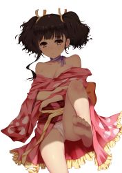 Rule 34 | 10s, 1girl, bare legs, bare shoulders, barefoot, bba1985, blush, breasts, brown eyes, brown hair, choker, cleavage, floral print, fundoshi, gluteal fold, hair ribbon, highres, japanese clothes, kimono, koutetsujou no kabaneri, leg up, long sleeves, looking at viewer, medium breasts, mumei (kabaneri), off shoulder, panties, pantyshot, ribbon, ribbon choker, shade, short hair, short kimono, sitting, solo, transparent background, twintails, underwear, white panties