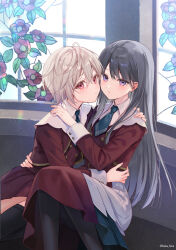 Rule 34 | 2girls, black pantyhose, black socks, blue necktie, closed mouth, commentary request, dress, feet out of frame, fukahire (ruinon), grey hair, hair between eyes, highres, knees up, light brown hair, multiple girls, necktie, original, pantyhose, purple eyes, red dress, red eyes, short necktie, socks, window, yuri
