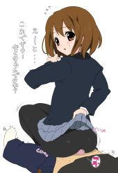 Rule 34 | 00s, 1girl, ass, back, brown eyes, brown hair, buttjob, buttjob over clothes, clothes lift, girl on top, grinding, hirasawa yui, itou life, k-on!, latex, looking back, pantyhose, penis, school uniform, skirt, skirt lift, solo focus, translated, trembling, uncensored
