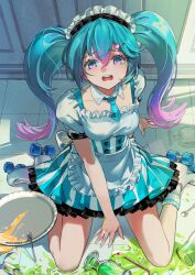 Rule 34 | 1girl, apron, aqua hair, blue dress, blue eyes, buttons, collarbone, colored tips, commentary, detached collar, dress, frilled apron, frills, gradient hair, hair between eyes, hatsune miku, highres, light particles, long hair, looking at viewer, maid, maid headdress, multicolored eyes, multicolored hair, necktie, nik ibi, open mouth, pink eyes, pink hair, puffy short sleeves, puffy sleeves, roller skates, short necktie, short sleeves, sitting, skates, solo, sparkle, spill, sunlight, tearing up, teeth, twintails, upper teeth only, vocaloid, wariza, white apron