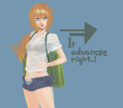 Rule 34 | 1girl, english text, engrish text, glasses, inugoro, inumaro (inugoro), lips, open fly, ponytail, ranguage, red hair, short shorts, shorts, simple background, solo, unbuttoned, unzipped