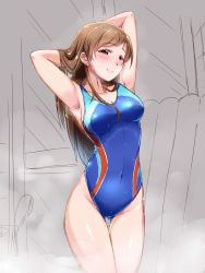 Rule 34 | 10s, 1girl, armpits, arms behind head, bad id, bad twitter id, blush, breasts, brown eyes, brown hair, collarbone, competition swimsuit, highres, idolmaster, idolmaster cinderella girls, idolmaster cinderella girls starlight stage, long hair, nekono matatabi, nitta minami, one-piece swimsuit, sketch, smile, solo, swimsuit, thigh gap, wet
