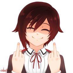 Rule 34 | 1girl, artist name, cslucaris, double middle finger, closed eyes, false smile, middle finger, red hair, ruby rose, rwby, school uniform, shaded face, simple background, smile, solo, white background