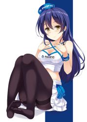 Rule 34 | 1girl, bad id, bad twitter id, bare shoulders, black pantyhose, blue hair, blush, breasts, cleavage, commentary request, crop top, earrings, feet, full body, hair between eyes, hat, highres, hino minato (spec.c), jewelry, long hair, looking at viewer, love live!, love live! school idol festival, love live! school idol project, no shoes, panties, panties under pantyhose, pantyhose, pleated skirt, simple background, sitting, skirt, smile, solo, sonoda umi, thighband pantyhose, underwear, yellow eyes