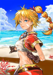 Rule 34 | 1girl, blonde hair, blue eyes, braid, breasts, butt crack, chrono cross, day, from side, gloves, highres, jewelry, kid (chrono cross), long hair, looking at viewer, medium breasts, midriff, multi-tied hair, necklace, outdoors, ponytail, single braid, skirt, smile, solo, uno (union), vest