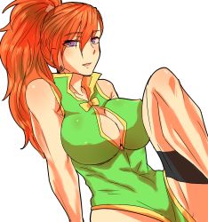 Rule 34 | 1girl, bare shoulders, blush, breasts, cleavage, cleavage cutout, clothing cutout, dress, earrings, highres, jewelry, large breasts, long hair, looking at viewer, mary argent, muscular, open mouth, orange hair, ponytail, purple eyes, solo, tales of (series), tales of destiny