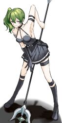Rule 34 | 1girl, arm strap, arm up, armlet, armpits, banana (8771207), black choker, black dress, black footwear, boots, breasts, choker, commentary, dress, full body, green hair, half-closed eyes, highres, holding, holding polearm, holding weapon, leaning forward, looking at viewer, medium breasts, pleated dress, polearm, purple eyes, side ponytail, smile, solo, sousou no frieren, spear, suspenders hanging, thigh strap, ubel (sousou no frieren), weapon