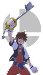 Rule 34 | 1boy, blue eyes, brown hair, disney, fingerless gloves, francisco mon, gloves, highres, hood, jewelry, keyblade, kingdom hearts, kingdom hearts i, looking at viewer, male focus, necklace, nintendo, short hair, simple background, smash invitation, smile, solo, sora (kingdom hearts), spiked hair, square enix, super smash bros.