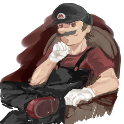 Rule 34 | 1boy, absurdres, alternate color, brown eyes, brown hair, couch, facial hair, ge-b, gloves, hat, head rest, highres, crossed legs, male focus, mario, mario (series), mustache, nintendo, overalls, sitting, solo