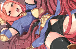 Rule 34 | 1girl, archer (ragnarok online), black panties, black skirt, black thighhighs, blouse, blue shirt, blush, breasts, censored, chirashi (so), commentary request, cowboy shot, looking at viewer, medium breasts, mosaic censoring, muneate, open mouth, orange hair, panties, ragnarok online, red eyes, shirt, short hair, short sleeves, skirt, slime (substance), solo, tentacle sex, tentacles, thighhighs, underwear