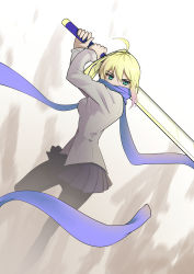Rule 34 | 1girl, absurdres, ahoge, artoria pendragon (all), artoria pendragon (fate), blonde hair, blue scarf, excalibur (fate/stay night), fate/stay night, fate (series), green eyes, highres, jacket, official alternate costume, pantyhose, saber (fate), scarf, solo, sword, thec, weapon