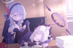 Rule 34 | 2girls, ahoge, ako (blue archive), bell, black gloves, blanket, blue archive, breasts, chair, commentary request, covering with blanket, demon girl, demon horns, desk, earrings, exhausted, gloves, hair between eyes, hair ornament, hair ribbon, hairband, hairclip, halo, head rest, highres, hina (blue archive), holding, holding blanket, holding pen, horns, indoors, jewelry, long hair, long sleeves, looking at another, medium breasts, military uniform, multiple girls, neck bell, office, office chair, paper stack, parted bangs, pen, quarterlift, ribbon, sideboob, sidelocks, sleeping, smile, swivel chair, uniform, wavy hair, white hair