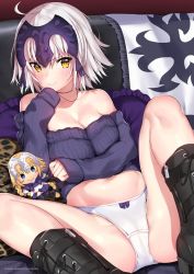 Rule 34 | 1girl, :&gt;, ahoge, bare shoulders, blush, boots, bow, bow panties, breasts, character doll, cleavage, collarbone, commentary request, couch, cross-laced footwear, fate/grand order, fate (series), grey hair, hand up, jeanne d&#039;arc (fate), jeanne d&#039;arc (ruler) (fate), jeanne d&#039;arc alter (avenger) (fate), jeanne d&#039;arc alter (fate), large breasts, lying, mataro (matarou), midriff peek, navel, on back, on couch, panties, pillow, ribbed sweater, sample watermark, sleeves past wrists, smile, solo, sweater, thighs, tsurime, underwear, watermark, white panties, yellow eyes