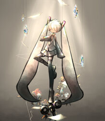 Rule 34 | 13 31n, 1girl, absurdly long hair, ballet, black footwear, blush, boots, cardiogram, closed eyes, closed mouth, collared shirt, commentary, detached sleeves, facing viewer, flying paper, grey background, grey hair, grey skirt, hair ornament, hand on own chest, hatsune miku, highres, light rays, long hair, microphone, miku day, necktie, oversized object, paper, pleated skirt, shirt, signature, skirt, sleeveless, sleeveless shirt, smile, solo, standing, standing on object, standing on one leg, thigh boots, tied sleeves, tiptoes, twintails, very long hair, vocaloid, winding key