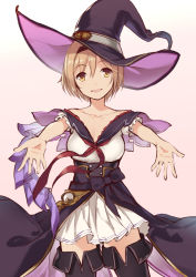 Rule 34 | 1girl, :d, akanebi, black bow, black cape, black footwear, black hairband, black hat, blonde hair, boots, bow, breasts, cape, collarbone, cowboy shot, granblue fantasy, hairband, hat, head tilt, looking at viewer, medium breasts, miniskirt, neckerchief, open mouth, pink background, pleated skirt, red neckerchief, short hair, short sleeves, simple background, sketch, skirt, smile, solo, standing, thigh boots, thighhighs, waist cape, white skirt, witch hat, yellow eyes, zettai ryouiki