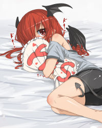 Rule 34 | 1girl, barefoot, bat wings, bike shorts, blush, cameltoe, demon tail, embodiment of scarlet devil, female focus, frilled pillow, frills, head wings, highres, koakuma, loggy, long hair, lying, hugging object, on side, pillow, pillow hug, pointy ears, red eyes, red hair, solo, tail, tail wrap, touhou, wings, yes, yes-no pillow