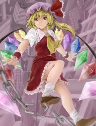 Rule 34 | 1girl, arms at sides, ascot, blonde hair, brown footwear, chain, closed mouth, crystal, flandre scarlet, flying, frilled ribbon, frilled shirt collar, frilled skirt, frills, hat, hat ribbon, highres, looking at viewer, mob cap, netamaru, red eyes, red ribbon, red skirt, red vest, ribbon, shoes, short sleeves, side ponytail, skirt, skirt set, smile, socks, solo, touhou, vest, white socks, wings, wrist cuffs