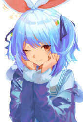 Rule 34 | 1girl, absurdres, animal ears, blue hair, blue jacket, blue ribbon, carrot hair ornament, closed mouth, commentary, food-themed hair ornament, fur-trimmed jacket, fur trim, hair ornament, hair ribbon, hands on own cheeks, hands on own face, hands up, highres, hololive, jacket, light blush, looking at viewer, matsunaga777, motion lines, one eye closed, orange eyes, rabbit ears, ribbon, sailor collar, short eyebrows, simple background, solo, thick eyebrows, upper body, usada pekora, usada pekora (casual), virtual youtuber, white background, white sailor collar