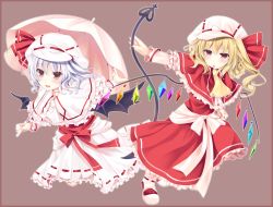Rule 34 | 2girls, :o, adapted costume, ajiriko, ascot, bad id, bad pixiv id, bat wings, blonde hair, blue hair, blush, capelet, crystal, dress, flandre scarlet, frilled dress, frills, full body, hat, hat ribbon, holding, holding umbrella, laevatein, long sleeves, looking at viewer, mob cap, multiple girls, nail polish, parasol, parted lips, red dress, red eyes, red nails, red ribbon, remilia scarlet, ribbon, sash, short hair, siblings, side ponytail, sisters, smile, touhou, umbrella, white dress, wings