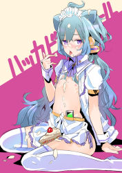 Rule 34 | 10s, 1boy, apron, bad id, bad pixiv id, blue hair, blush, cake, cream, cream on face, food, food on face, hacka doll, hacka doll 3, long hair, looking at viewer, maid headdress, male focus, navel, nipples, purple eyes, sexually suggestive, sitting, solo, tajima ryuushi, thighhighs, tongue, tongue out, trap, wariza, white thighhighs, wrist cuffs
