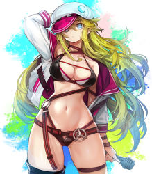 Rule 34 | 1girl, arm up, armpits, bare shoulders, belt, bikini, black bikini, black thighhighs, blonde hair, blue eyes, blue hair, breasts, bright pupils, cabbie hat, cleavage, closed mouth, collarbone, commentary, english commentary, goomrrat, gradient hair, groin, hair between eyes, hat, highres, holding, holding microphone, jacket, large breasts, long hair, long sleeves, looking at viewer, microphone, multicolored background, multicolored hair, navel, o-ring, off shoulder, open clothes, open fly, open jacket, original, single thighhigh, solo, stomach, swimsuit, thigh strap, thighhighs, unzipped, very long hair, white hat, white jacket, wristband