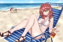 Rule 34 | 3girls, absurdres, beach, bikini, breasts, brown hair, chair, commentary, commission, cup, disposable cup, double-parted bangs, eiyuu densetsu, english commentary, folding chair, front-tie bikini top, front-tie top, green eyes, hair between eyes, high heel sandals, highres, holding, holding cup, judith ranster, kuro no kiseki, large breasts, long hair, multicolored hair, multiple girls, ocean, outdoors, paulette (kuro no kiseki), ponytail, reclining, sand castle, sand sculpture, sandals, swimsuit, two-tone hair, vanillahare, white bikini, yume (kuro no kiseki)