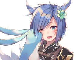 Rule 34 | 1girl, animal ears, blue eyes, blue hair, carbuncle (final fantasy), cat ears, creature, facial mark, final fantasy, final fantasy xiv, flower, green flower, hair flower, hair ornament, licking, looking at viewer, miqo&#039;te, open mouth, short hair, simple background, slit pupils, tongue, tongue out, tota (sizukurubiks), upper body, warrior of light (ff14), white background