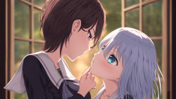 Rule 34 | 2girls, asymmetrical hair, bang dream!, black hair, blue eyes, blue serafuku, blurry, blurry background, blush, breasts, closed mouth, collarbone, commentary request, evening, eye contact, eyebrows hidden by hair, face-to-face, grabbing another&#039;s chin, grey neckerchief, hair between eyes, hand on another&#039;s chin, height difference, highres, indoors, kurata mashiro, long hair, long sleeves, looking at another, medium breasts, multiple girls, neckerchief, nuenue, open window, parted lips, pink eyes, sailor collar, school uniform, serafuku, short hair, sidelocks, silver hair, single sidelock, sweatdrop, tsukinomori school uniform, upper body, white sailor collar, window, yashio rui, yuri