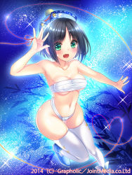 Rule 34 | 1girl, adapted costume, aqua eyes, bare arms, bare shoulders, black hair, blue background, breasts, colored eyelashes, detached sleeves, frilled sleeves, frills, fundoshi, gradient background, japanese clothes, looking at viewer, open mouth, original, priget plus, sarashi, short hair, skindentation, solo, string, string of fate, thighhighs, underboob, underwear, underwear only, white thighhighs, yuasa akira, zettai ryouiki