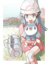 Rule 34 | 1girl, :d, bag, beanie, boots, border, coat, commentary request, creatures (company), dawn (pokemon), day, duffel bag, eyelashes, game freak, gen 4 pokemon, grass, grey eyes, hair ornament, hairclip, hat, holding, holding pokemon, light blush, long hair, long sleeves, nintendo, open mouth, outdoors, over-kneehighs, pink coat, pink footwear, piplup, pokemon, pokemon (creature), pokemon dppt, pokemon platinum, sidelocks, signature, sky, smile, thighhighs, tyaui (xjju4435), white border, white hat